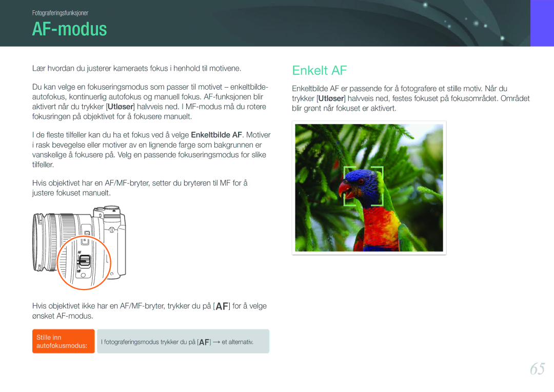 Samsung EV-NX210ZBSTDK, EV-NX210ZBSTSE manual AF-modus, Enkelt AF 
