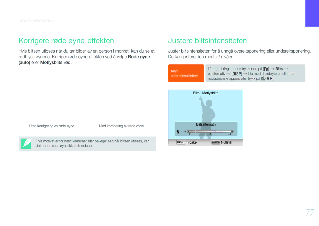 Samsung EV-NX210ZBSTDK, EV-NX210ZBSTSE manual Korrigere røde øyne-effekten, Justere blitsintensiteten 