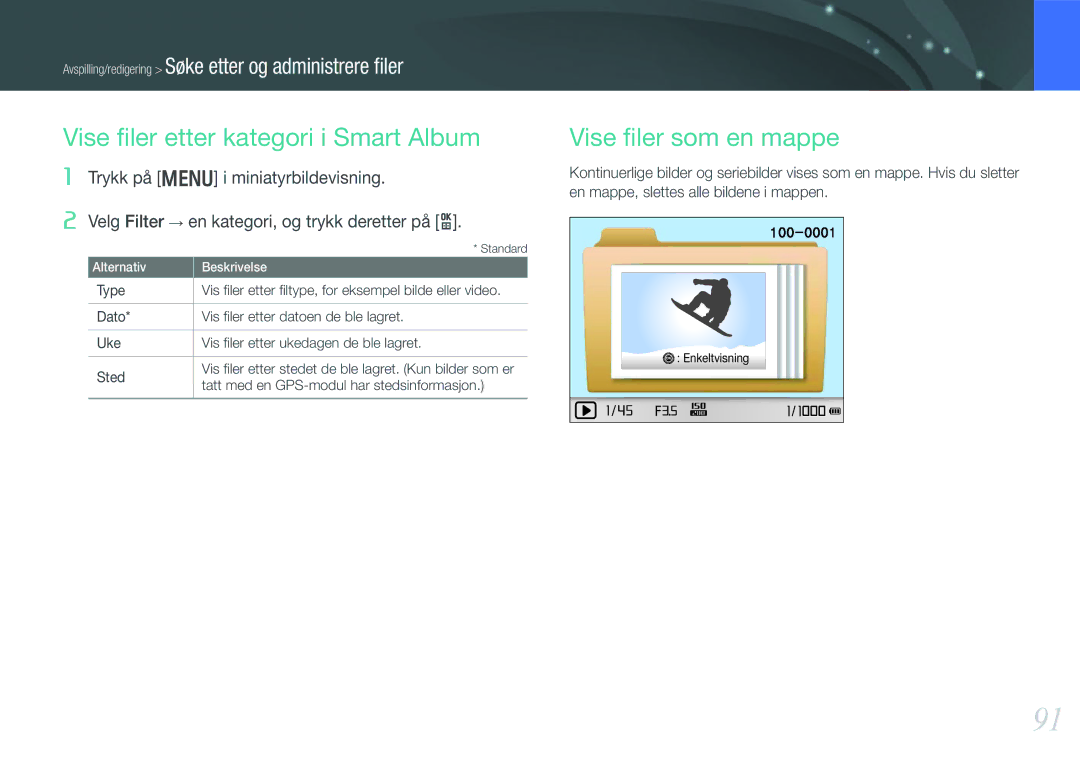 Samsung EV-NX210ZBSTDK, EV-NX210ZBSTSE manual Vise ﬁler etter kategori i Smart Album, Vise ﬁler som en mappe 
