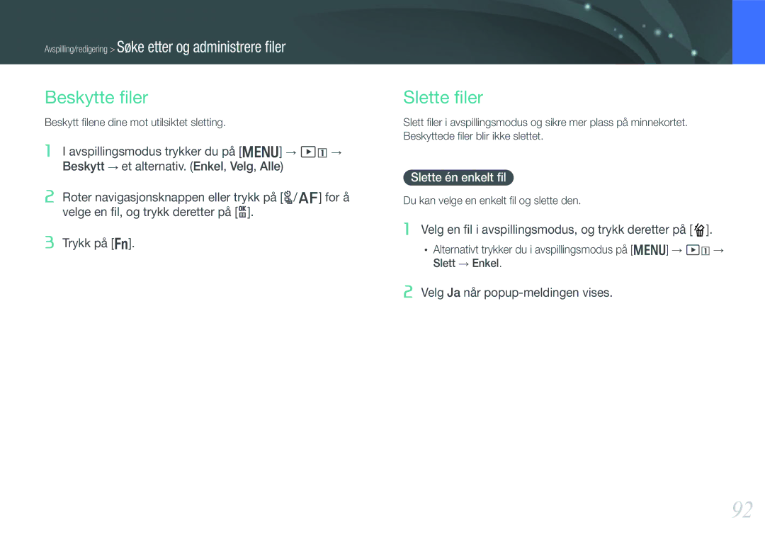 Samsung EV-NX210ZBSTSE manual Beskytte ﬁler, Slette ﬁler, Slette én enkelt ﬁl, Beskytt ﬁlene dine mot utilsiktet sletting 