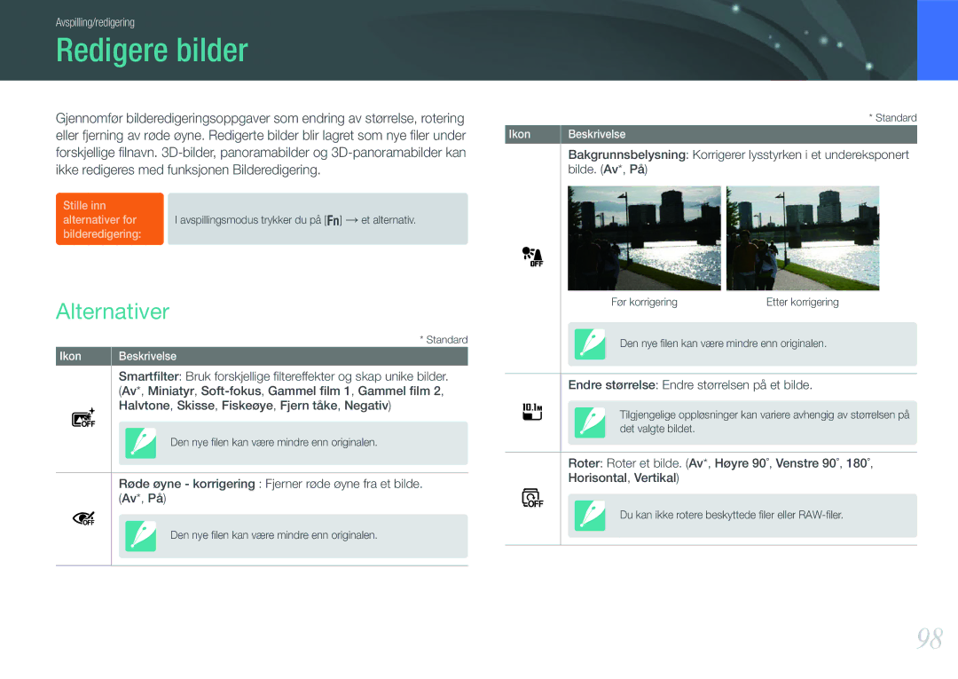 Samsung EV-NX210ZBSTSE manual Redigere bilder, Alternativer, Ikke redigeres med funksjonen Bilderedigering, Bilde. Av*, På 