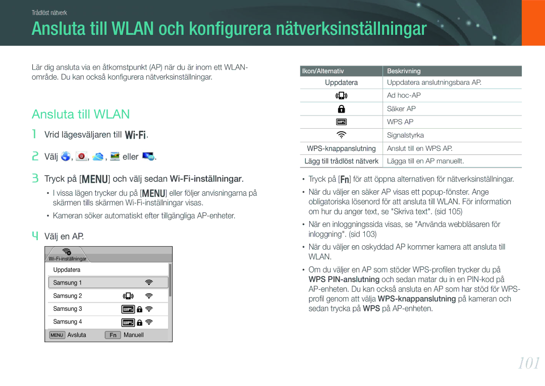 Samsung EV-NX210ZBSTDK, EV-NX210ZBSTSE manual Ansluta till Wlan och konﬁgurera nätverksinställningar, 101, Välj en AP 