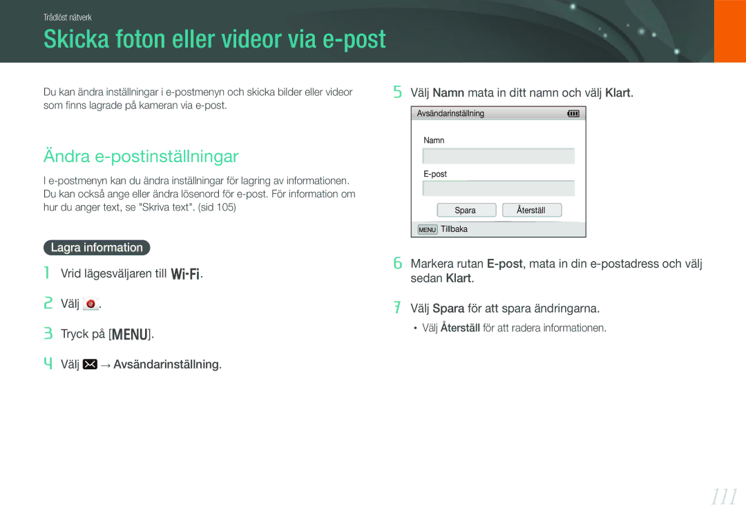Samsung EV-NX210ZBSTDK manual Skicka foton eller videor via e-post, 111, Ändra e-postinställningar, Lagra information 