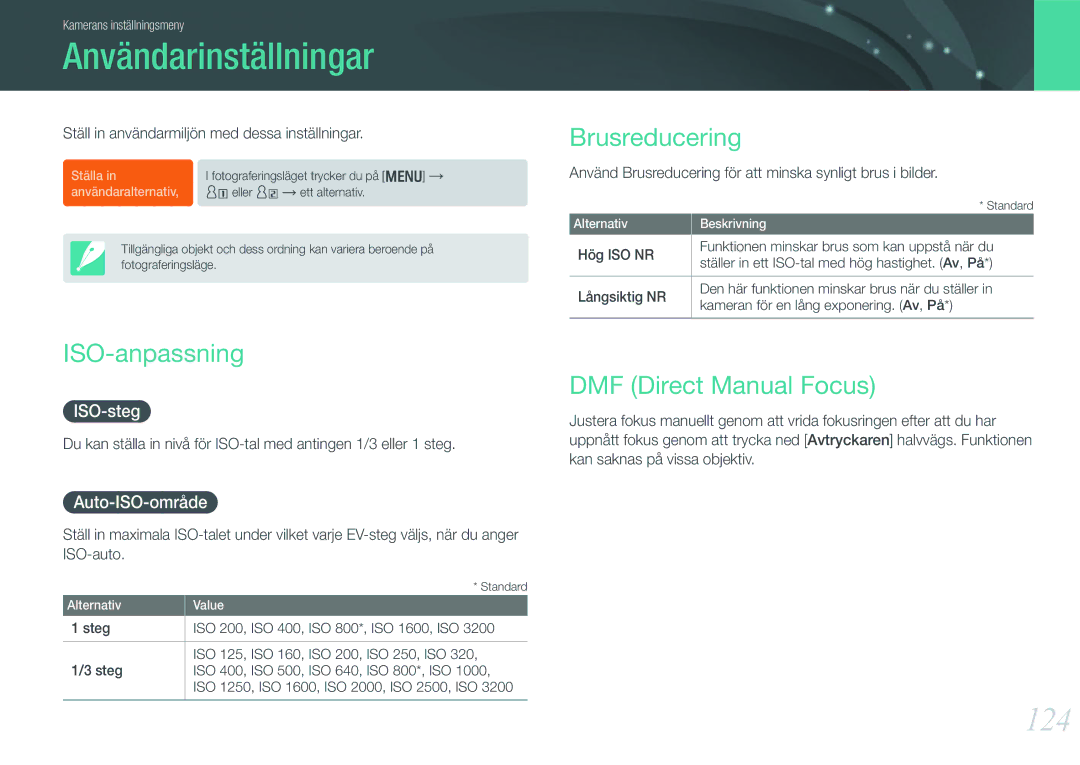 Samsung EV-NX210ZBSTSE, EV-NX210ZBSTDK Användarinställningar, 124, Brusreducering, ISO-anpassning, DMF Direct Manual Focus 