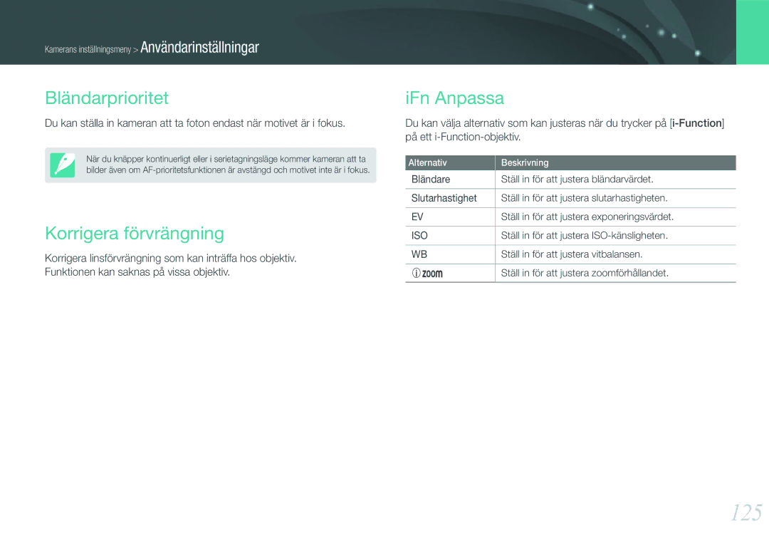 Samsung EV-NX210ZBSTDK, EV-NX210ZBSTSE manual 125, Bländarprioritet, Korrigera förvrängning, IFn Anpassa 
