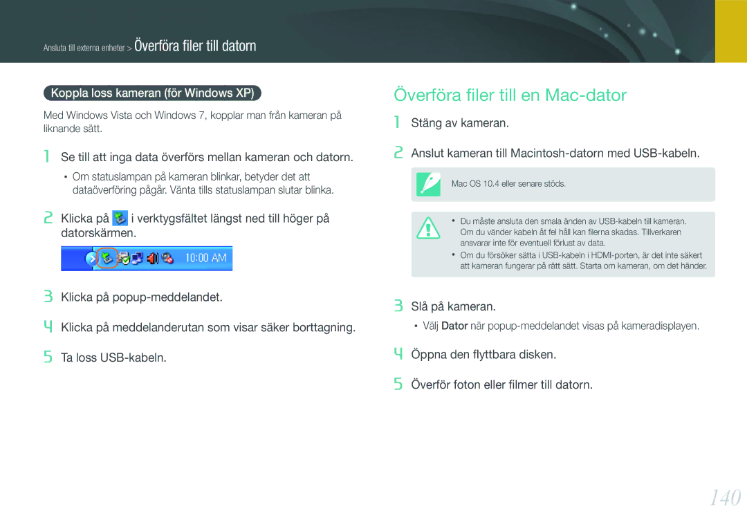 Samsung EV-NX210ZBSTSE, EV-NX210ZBSTDK manual 140, Överföra ﬁler till en Mac-dator, Koppla loss kameran för Windows XP 