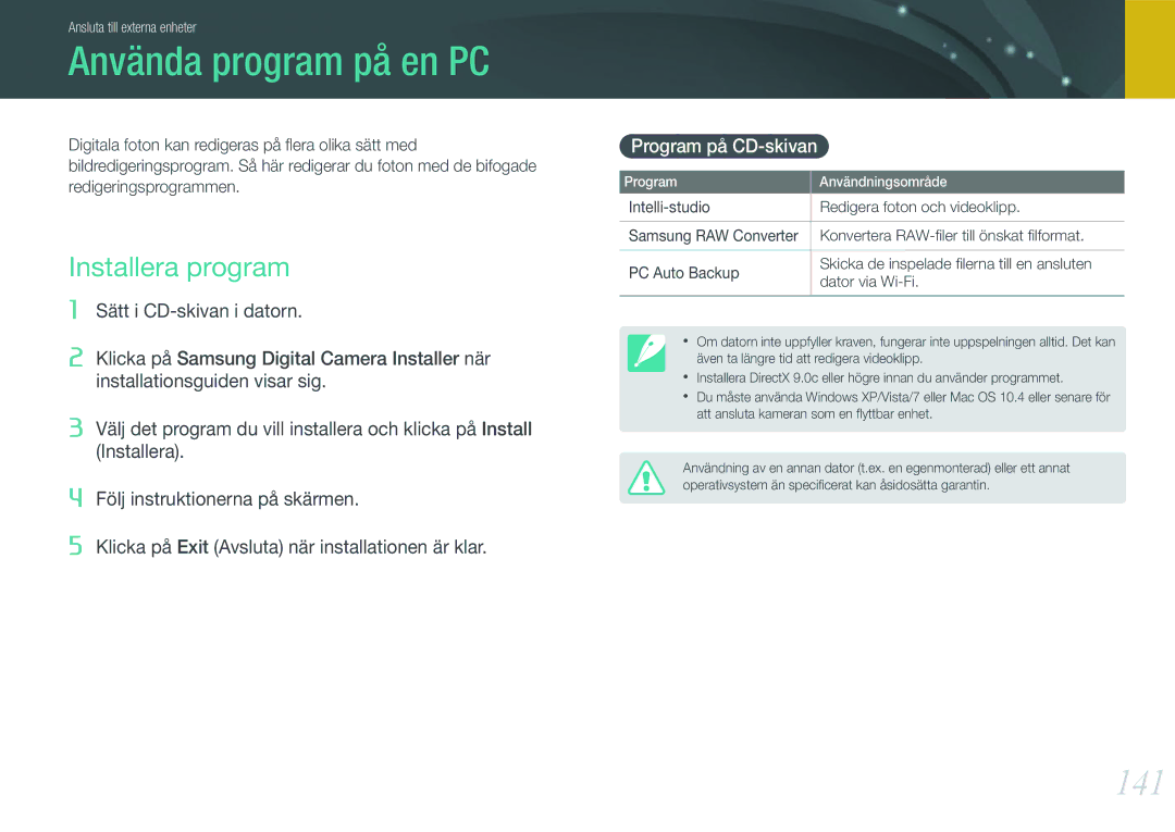 Samsung EV-NX210ZBSTDK, EV-NX210ZBSTSE manual Använda program på en PC, 141, Installera program, Program på CD-skivan 