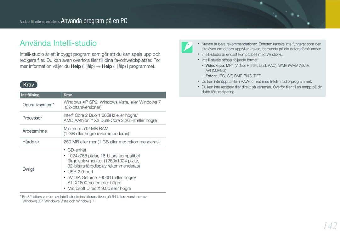 Samsung EV-NX210ZBSTSE, EV-NX210ZBSTDK manual 142, Använda Intelli-studio, Krav, Operativsystem, Bitarsversioner 
