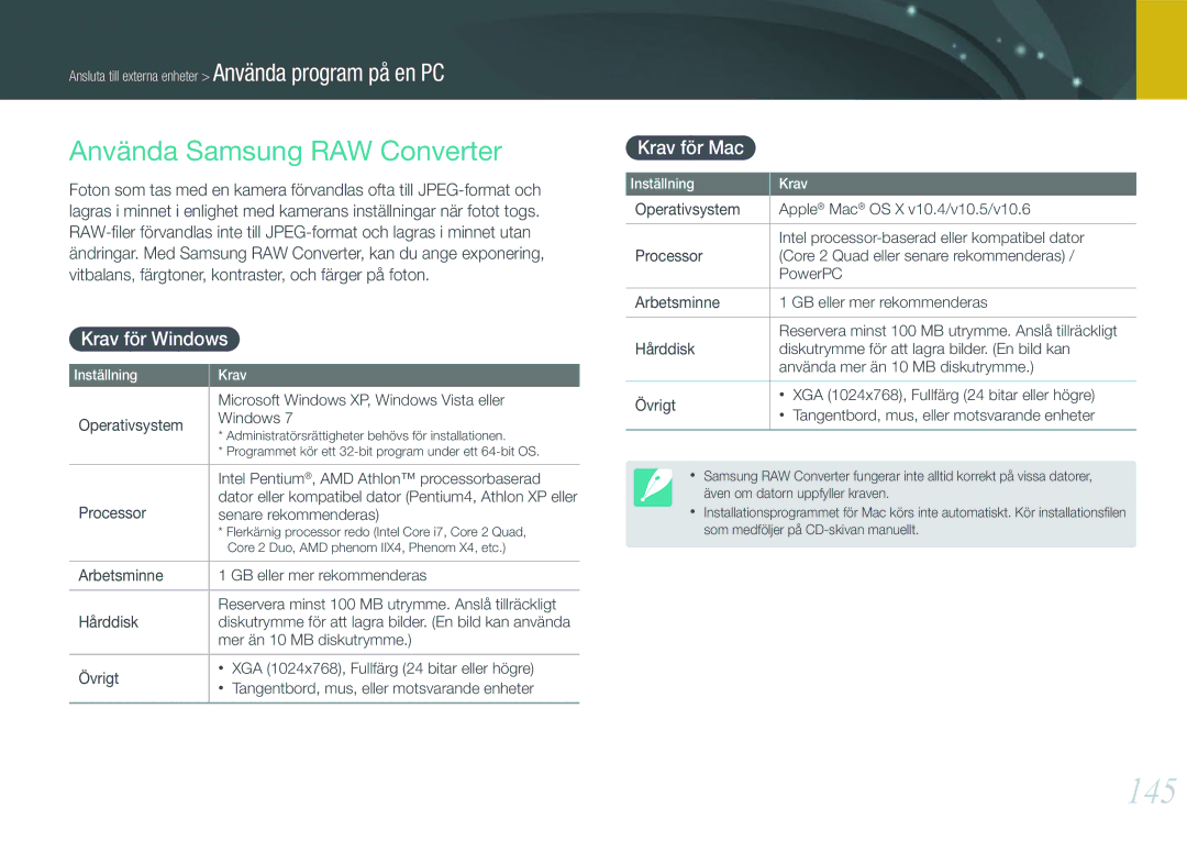 Samsung EV-NX210ZBSTDK, EV-NX210ZBSTSE manual 145, Använda Samsung RAW Converter, Krav för Windows, Krav för Mac 