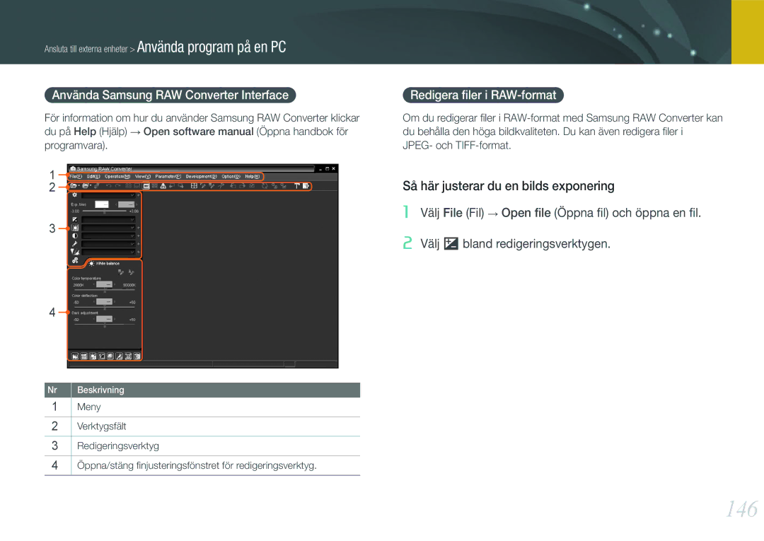 Samsung EV-NX210ZBSTSE manual 146, Så här justerar du en bilds exponering, Använda Samsung RAW Converter Interface 