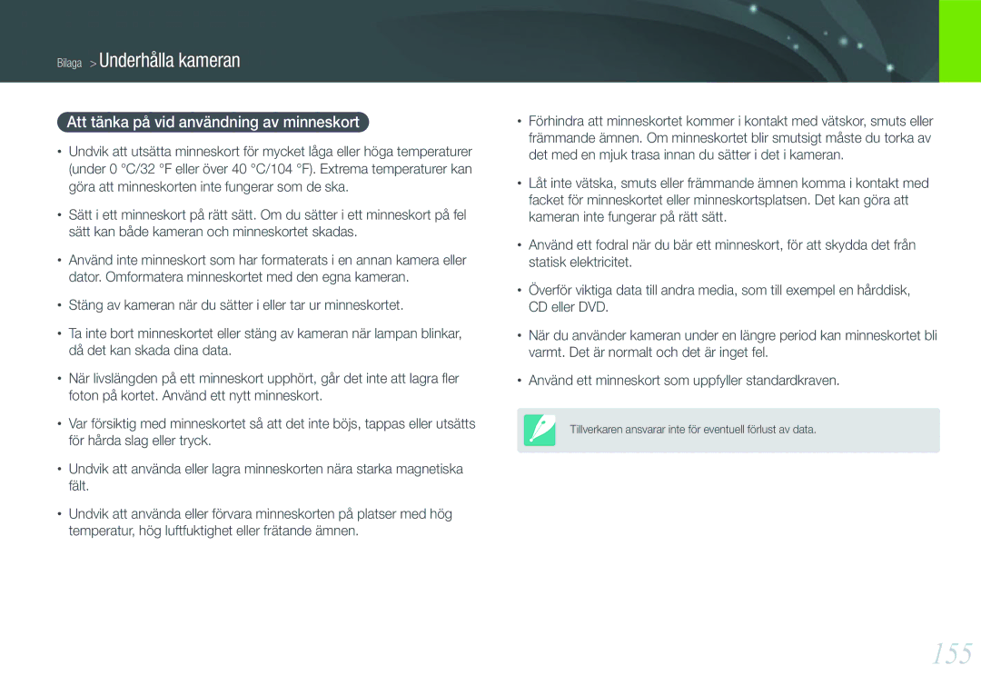 Samsung EV-NX210ZBSTDK, EV-NX210ZBSTSE manual 155, Att tänka på vid användning av minneskort 