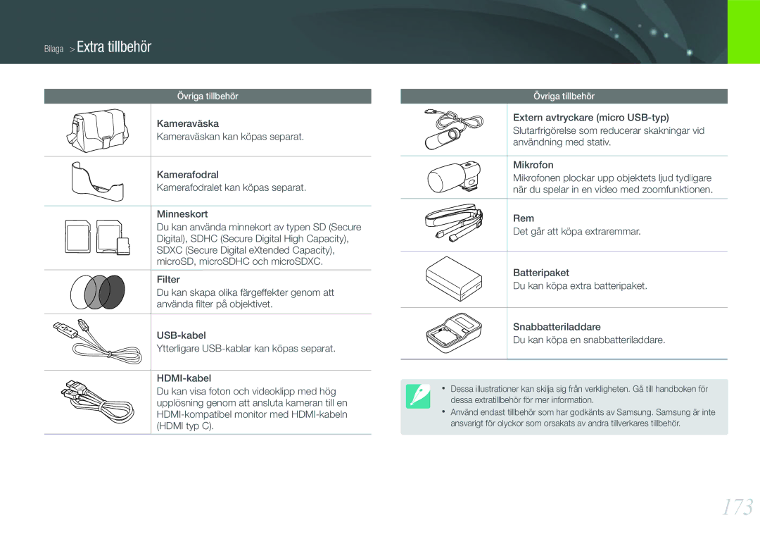 Samsung EV-NX210ZBSTDK, EV-NX210ZBSTSE manual 173, Bilaga Extra tillbehör 