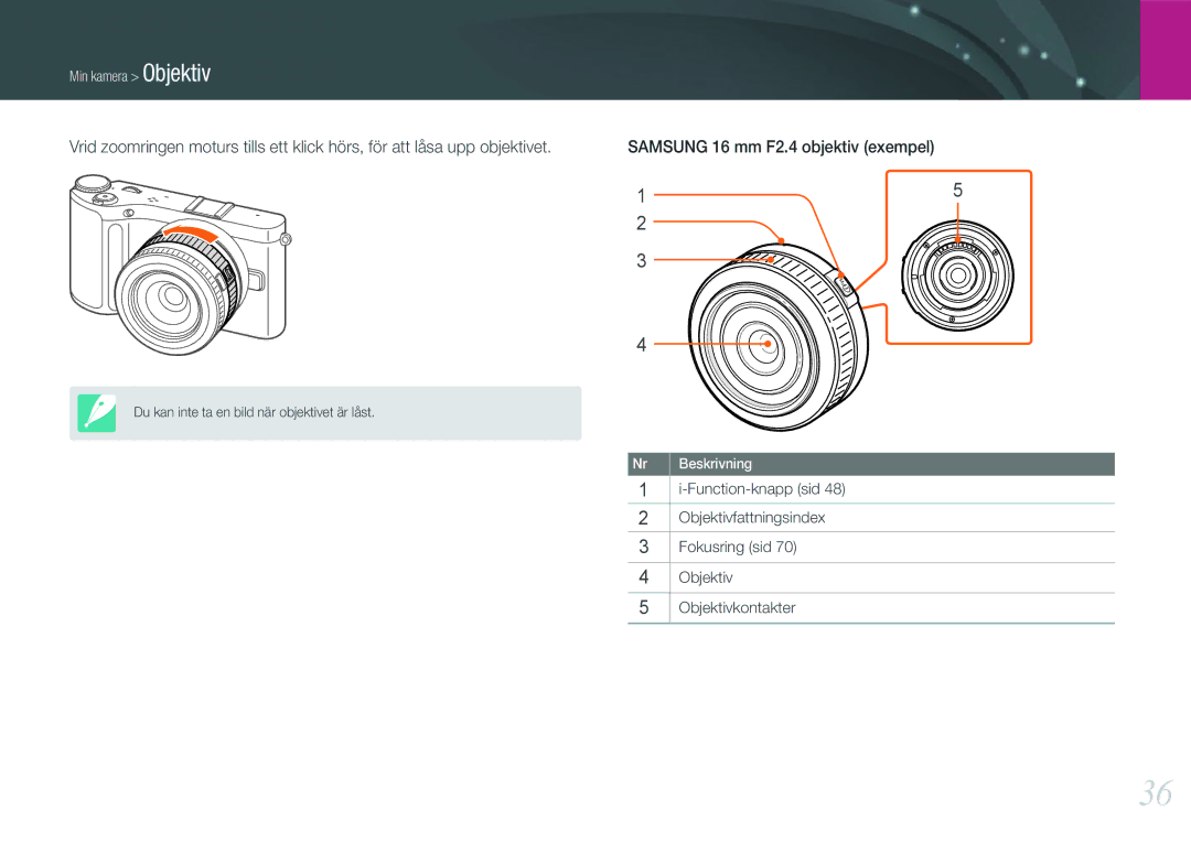 Samsung EV-NX210ZBSTSE, EV-NX210ZBSTDK manual Du kan inte ta en bild när objektivet är låst 