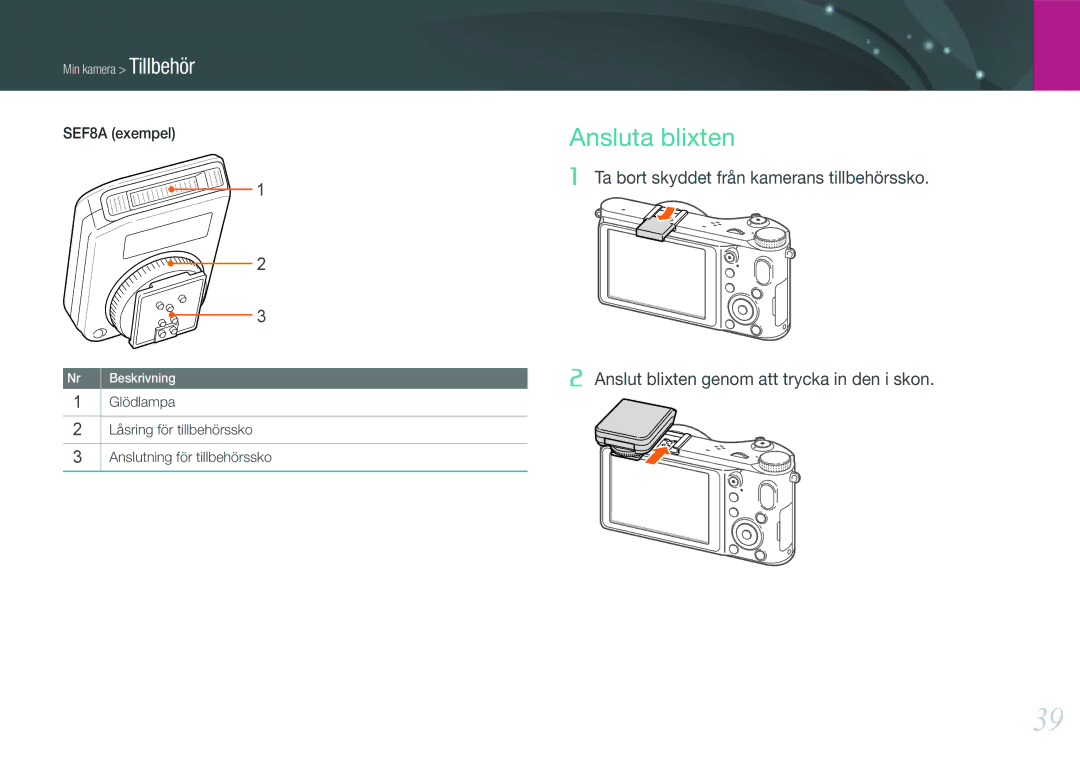 Samsung EV-NX210ZBSTDK, EV-NX210ZBSTSE manual Ansluta blixten, Ta bort skyddet från kamerans tillbehörssko, SEF8A exempel 