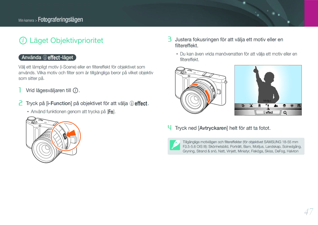 Samsung EV-NX210ZBSTDK manual Läget Objektivprioritet, Använda E-läget, Tryck ned Avtryckaren helt för att ta fotot 