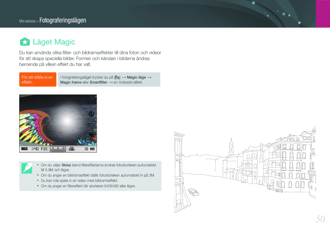Samsung EV-NX210ZBSTSE, EV-NX210ZBSTDK manual Läget Magic, För att ställa in en effekt 