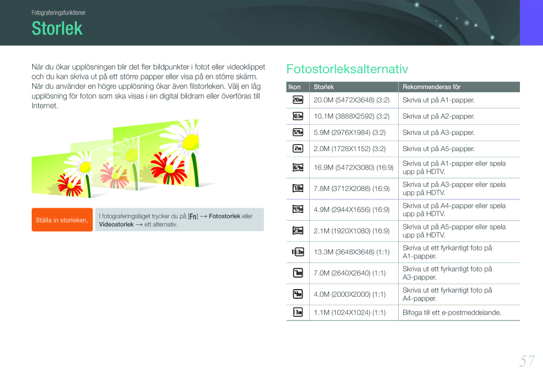 Samsung EV-NX210ZBSTDK, EV-NX210ZBSTSE manual Storlek, Fotostorleksalternativ 