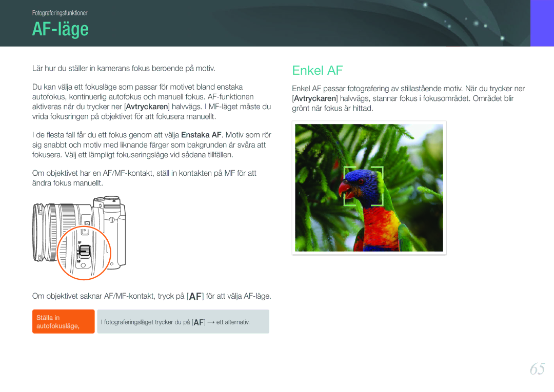 Samsung EV-NX210ZBSTDK, EV-NX210ZBSTSE manual AF-läge, Enkel AF, Lär hur du ställer in kamerans fokus beroende på motiv 
