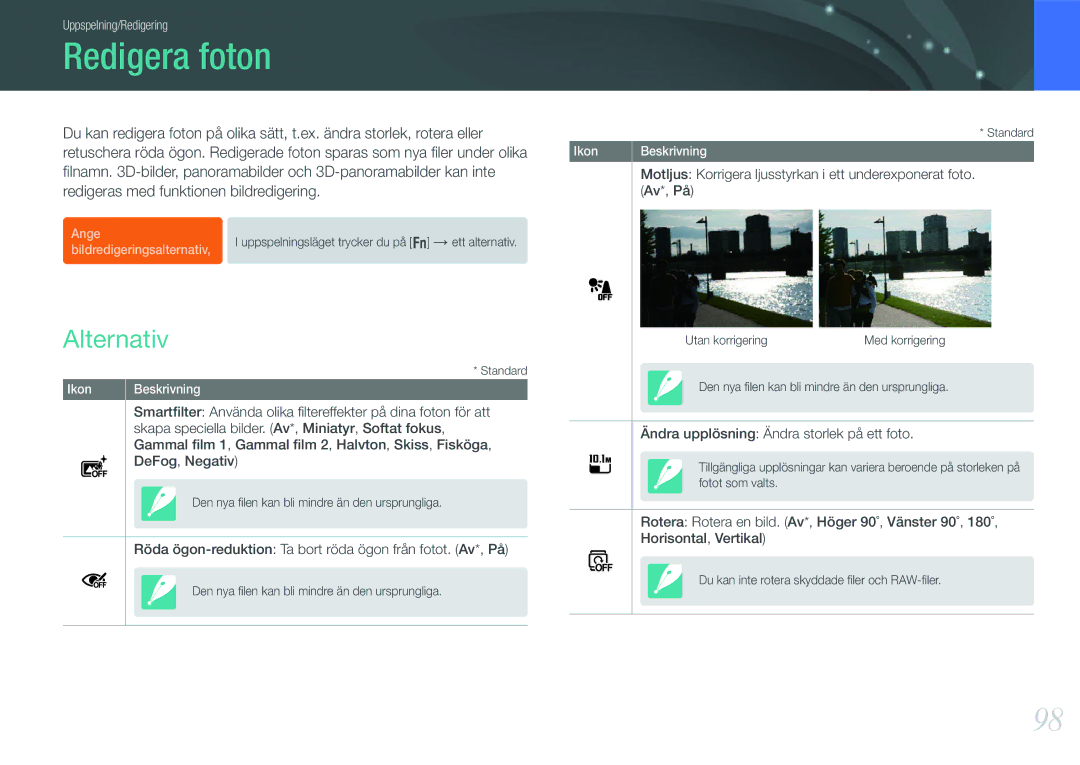 Samsung EV-NX210ZBSTSE, EV-NX210ZBSTDK manual Redigera foton, Alternativ, Redigeras med funktionen bildredigering 