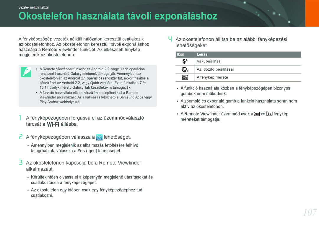 Samsung EV-NX210ZBSTDK, EV-NX210ZBSTSE manual Okostelefon használata távoli exponáláshoz, 107 