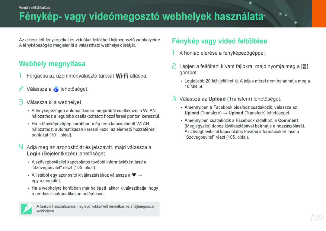 Samsung EV-NX210ZBSTDK manual Fénykép- vagy videómegosztó webhelyek használata, 109, Fénykép vagy videó feltöltése 