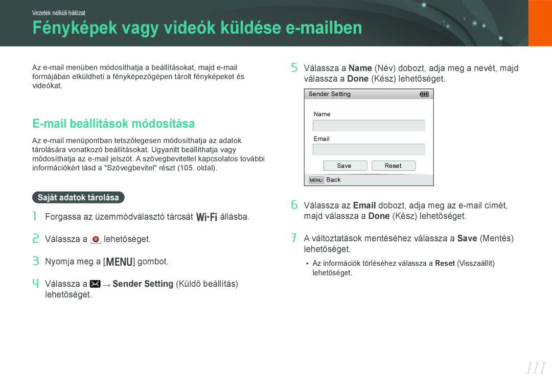 Samsung EV-NX210ZBSTDK Fényképek vagy videók küldése e-mailben, 111, Mail beállítások módosítása, Saját adatok tárolása 