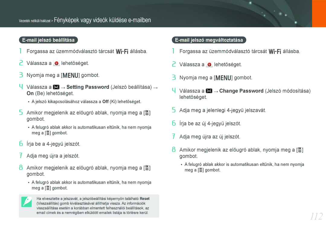 Samsung EV-NX210ZBSTSE, EV-NX210ZBSTDK manual 112, Mail jelszó beállítása, Mail jelszó megváltoztatása 