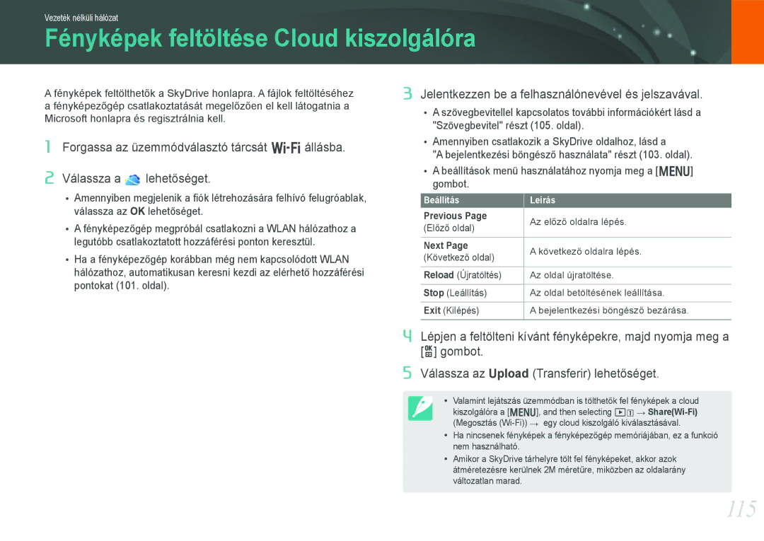 Samsung EV-NX210ZBSTDK, EV-NX210ZBSTSE manual Fényképek feltöltése Cloud kiszolgálóra, 115, Previous, Next 