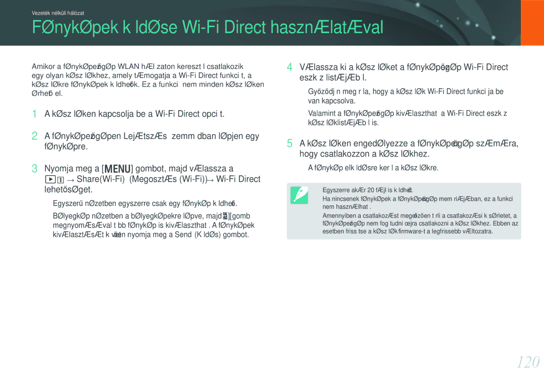 Samsung EV-NX210ZBSTSE, EV-NX210ZBSTDK manual Fényképek küldése Wi-Fi Direct használatával, 120 