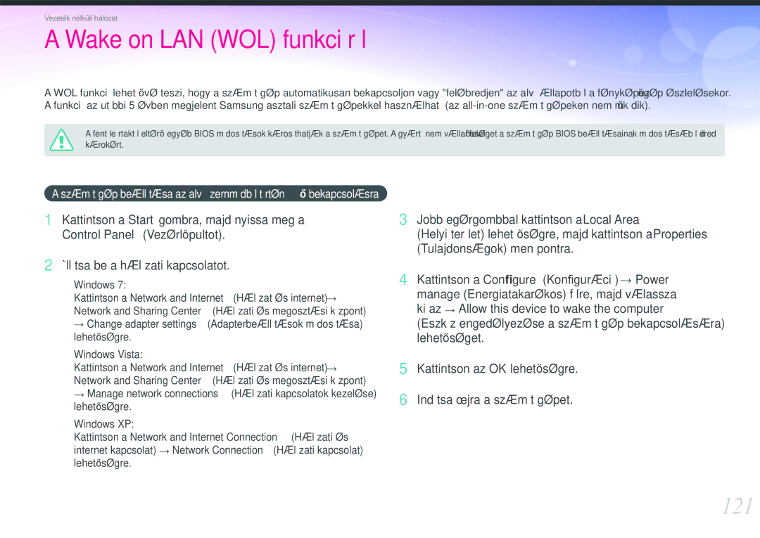 Samsung EV-NX210ZBSTDK, EV-NX210ZBSTSE manual Wake on LAN WOL funkcióról, 121 