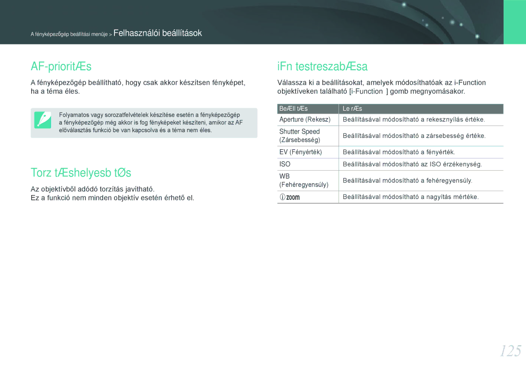 Samsung EV-NX210ZBSTDK, EV-NX210ZBSTSE manual 125, AF-prioritás, Torzításhelyesbítés, IFn testreszabása 