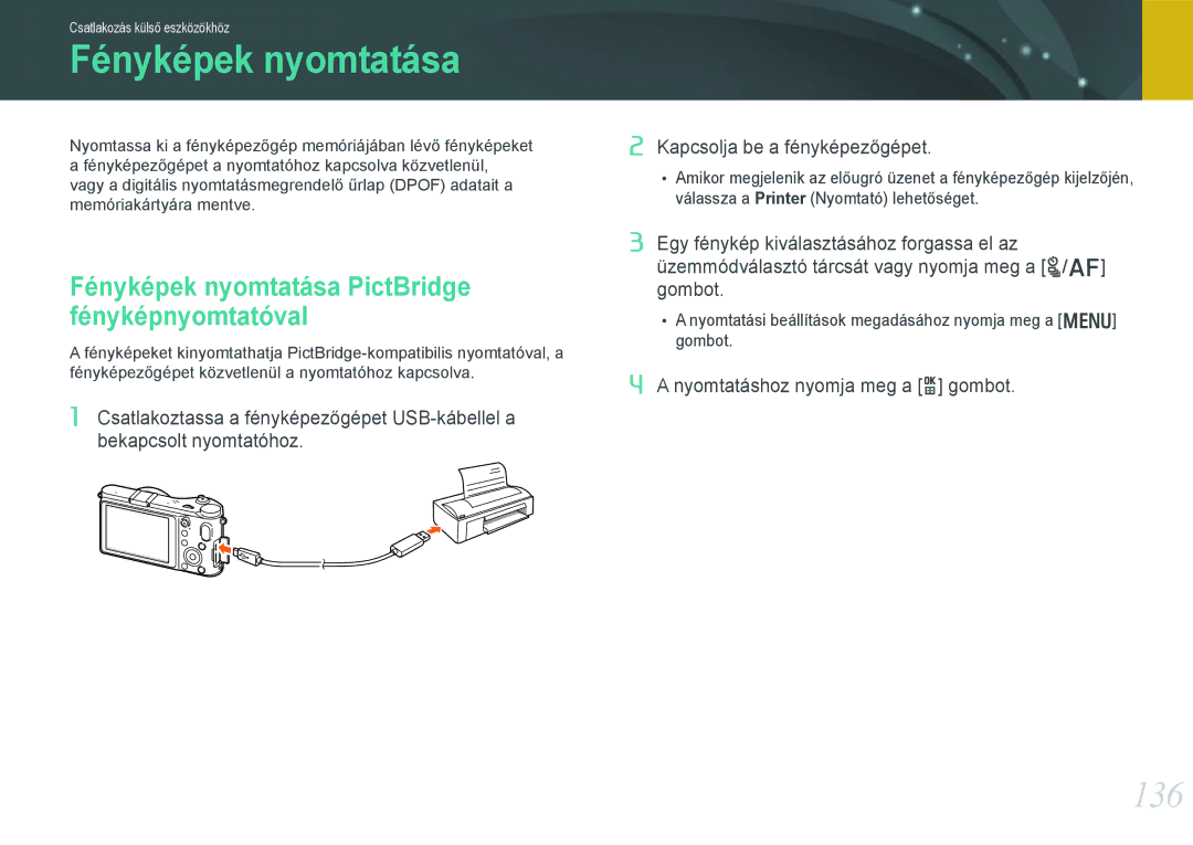 Samsung EV-NX210ZBSTSE, EV-NX210ZBSTDK manual 136, Fényképek nyomtatása PictBridge fényképnyomtatóval 