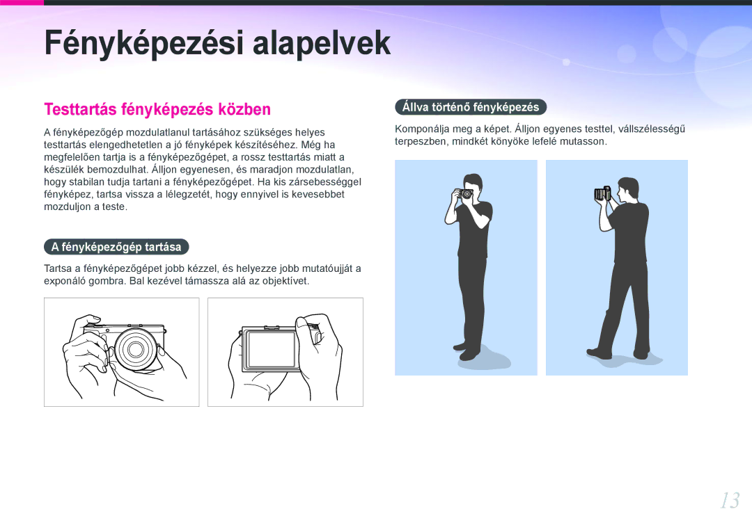 Samsung EV-NX210ZBSTDK, EV-NX210ZBSTSE manual Fényképezési alapelvek, Fényképezőgép tartása 