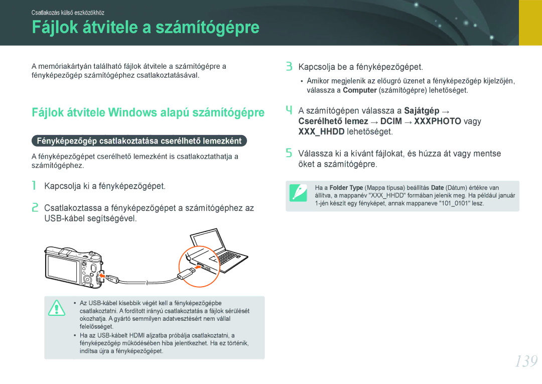 Samsung EV-NX210ZBSTDK 139, Fájlok átvitele Windows alapú számítógépre, Fényképezőgép csatlakoztatása cserélhető lemezként 