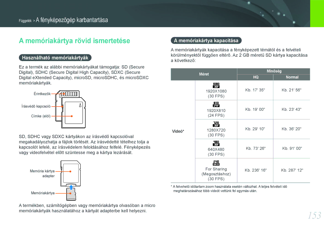 Samsung EV-NX210ZBSTDK manual 153, Memóriakártya rövid ismertetése, Használható memóriakártyák, Memóriakártya kapacitása 