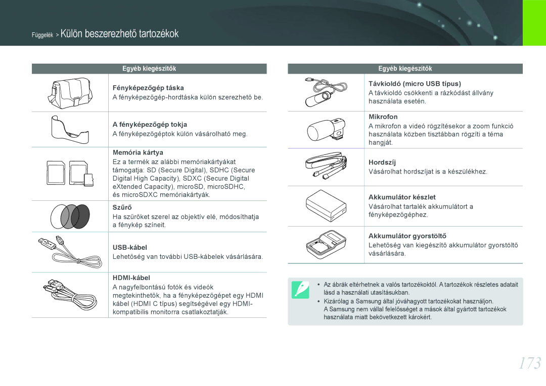 Samsung EV-NX210ZBSTDK, EV-NX210ZBSTSE manual 173, Egyéb kiegészítők 