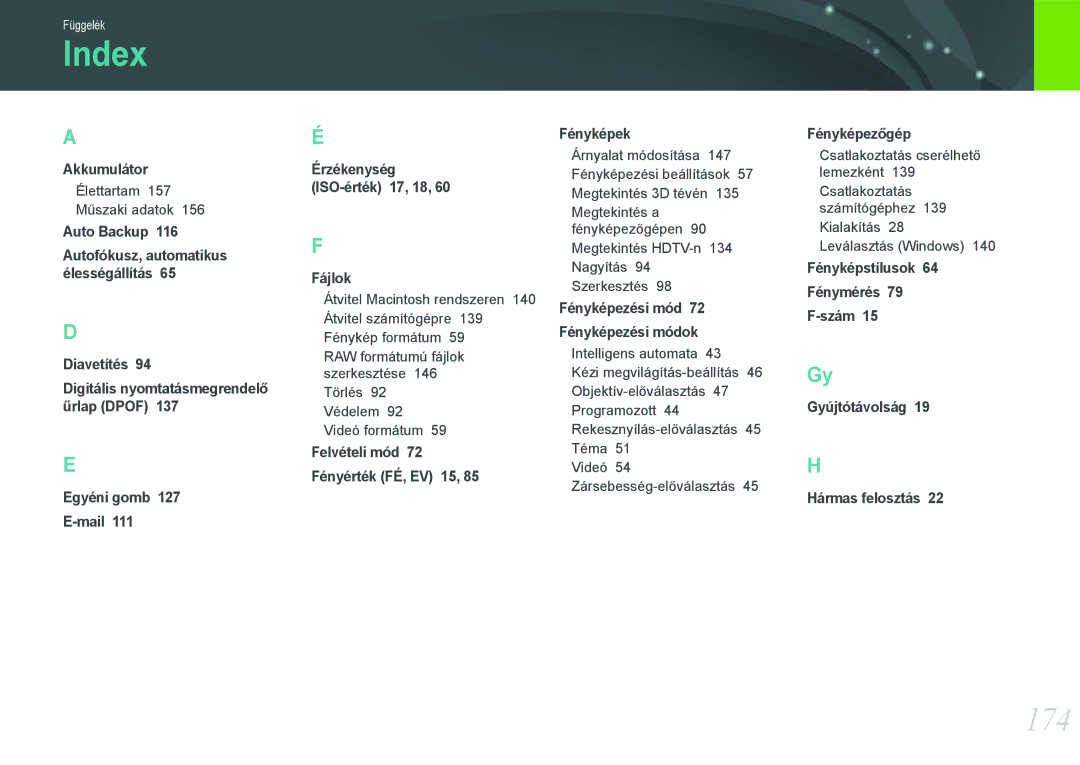 Samsung EV-NX210ZBSTSE, EV-NX210ZBSTDK manual Index, 174 