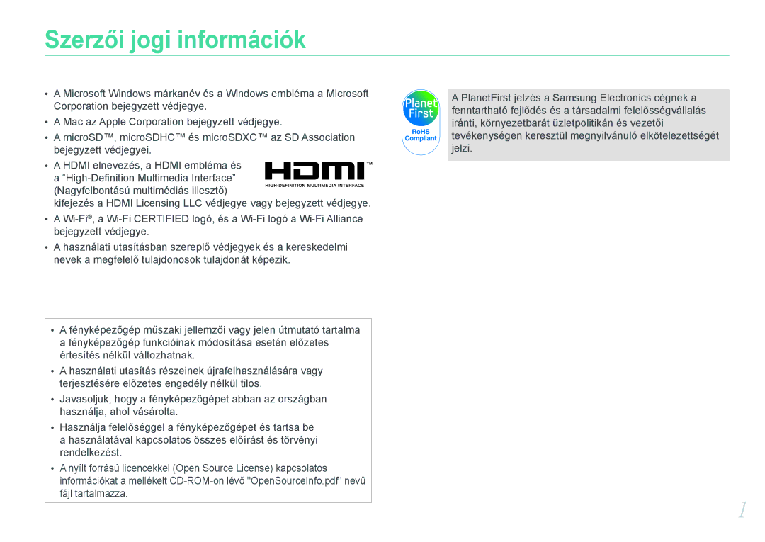 Samsung EV-NX210ZBSTDK, EV-NX210ZBSTSE manual Szerzői jogi információk 