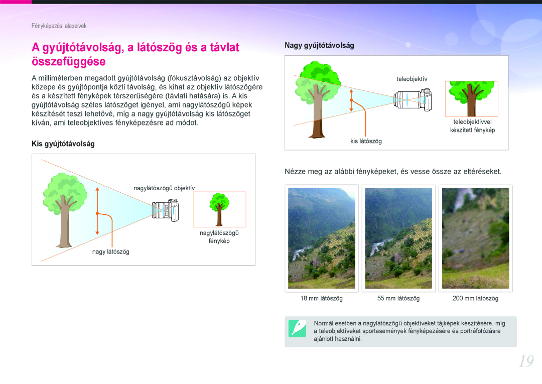 Samsung EV-NX210ZBSTDK, EV-NX210ZBSTSE manual Gyújtótávolság, a látószög és a távlat összefüggése 