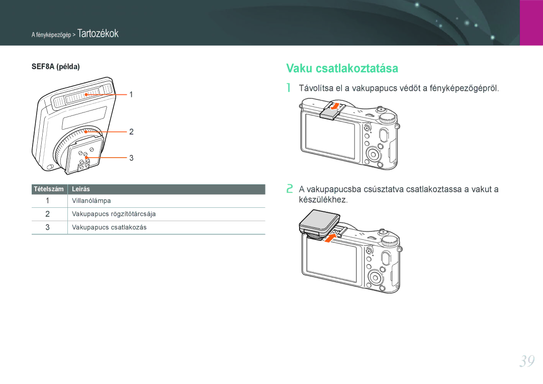 Samsung EV-NX210ZBSTDK, EV-NX210ZBSTSE manual Vaku csatlakoztatása 