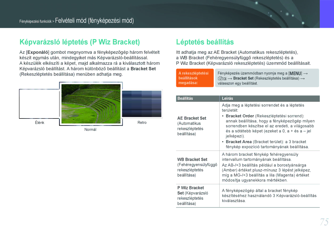 Samsung EV-NX210ZBSTDK manual Képvarázsló léptetés P Wiz Bracket, Léptetés beállítás, AE Bracket Set, WB Bracket Set 