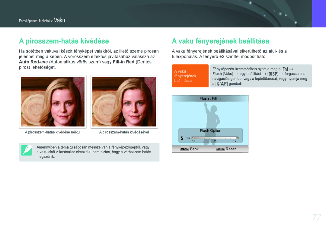 Samsung EV-NX210ZBSTDK, EV-NX210ZBSTSE manual Pirosszem-hatás kivédése, Vaku fényerejének beállítása 