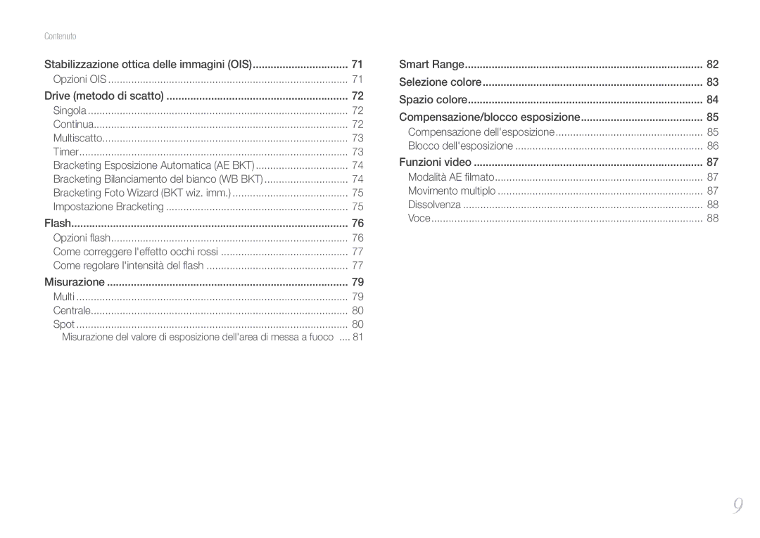 Samsung EV-NX210ZBSTIT, EV-NX210ZBSBIT manual Compensazione/blocco esposizione, Stabilizzazione ottica delle immagini OIS 