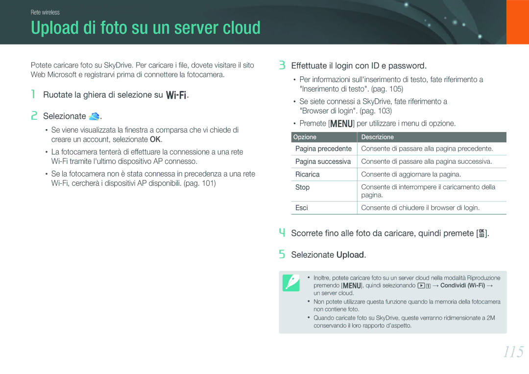 Samsung EV-NX210ZBSTIT, EV-NX210ZBSBIT manual Upload di foto su un server cloud, 115 