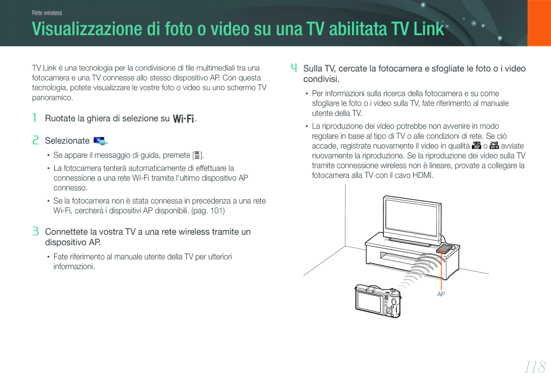 Samsung EV-NX210ZBSBIT, EV-NX210ZBSTIT manual Visualizzazione di foto o video su una TV abilitata TV Link, 118, Panoramico 