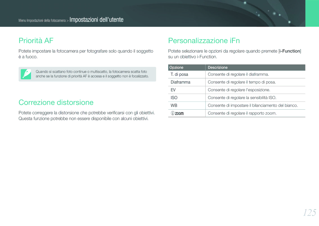 Samsung EV-NX210ZBSTIT, EV-NX210ZBSBIT manual 125, Priorità AF, Correzione distorsione, Personalizzazione iFn 