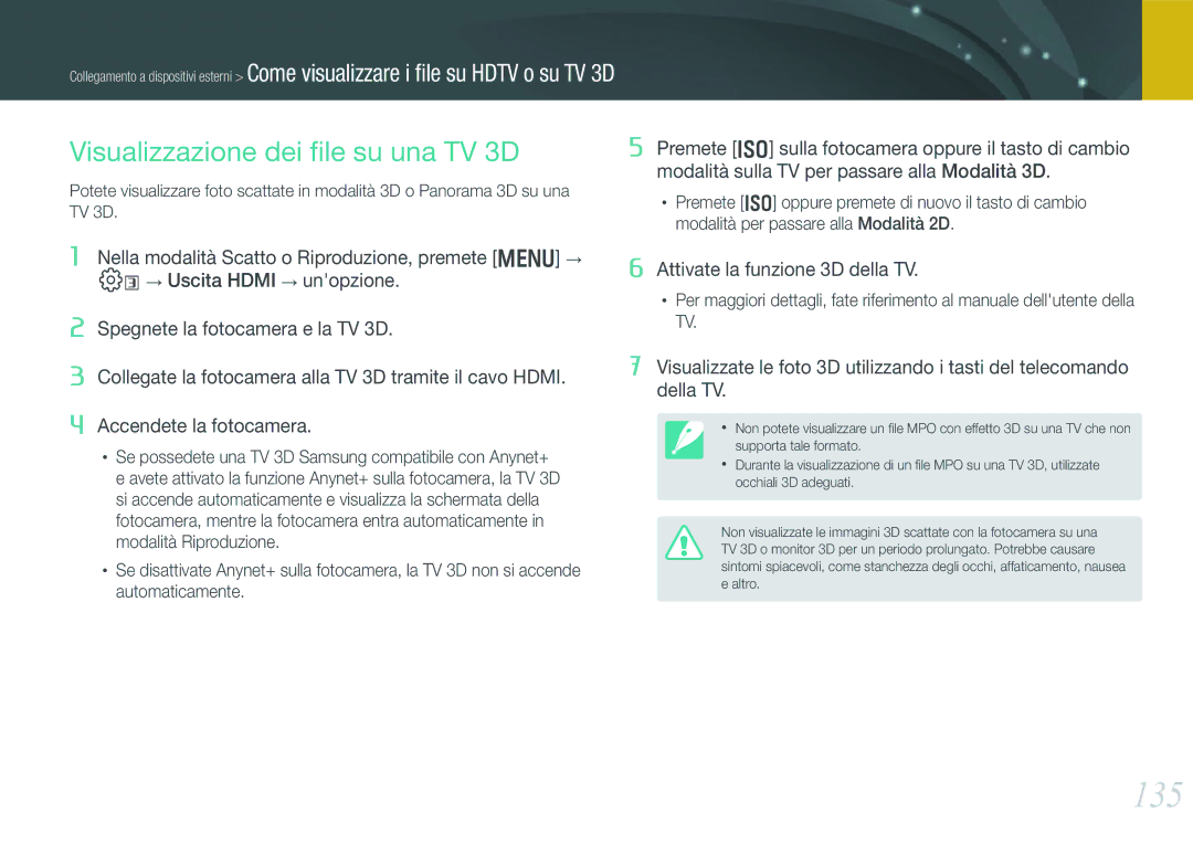 Samsung EV-NX210ZBSTIT, EV-NX210ZBSBIT manual 135, Visualizzazione dei ﬁle su una TV 3D 