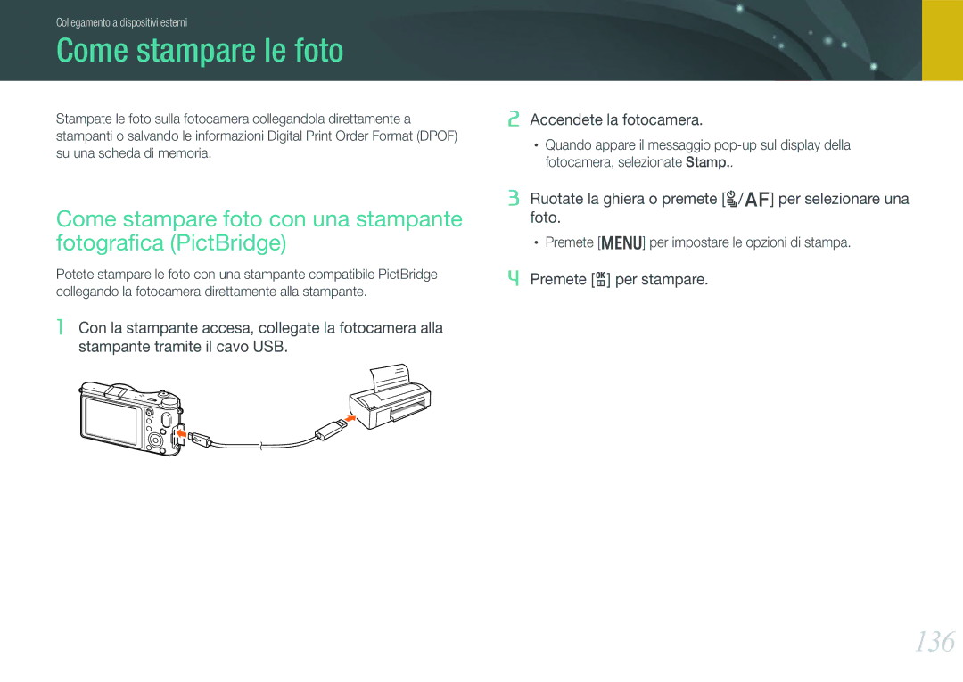 Samsung EV-NX210ZBSBIT manual Come stampare le foto, 136, Come stampare foto con una stampante fotograﬁca PictBridge 