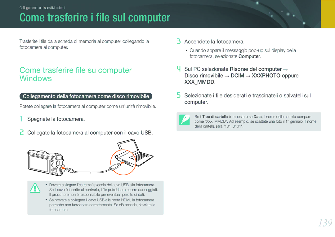 Samsung EV-NX210ZBSTIT, EV-NX210ZBSBIT Come trasferire i ﬁle sul computer, 139, Come trasferire ﬁle su computer Windows 