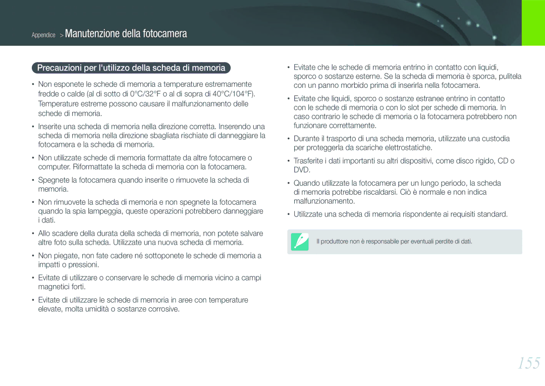 Samsung EV-NX210ZBSTIT, EV-NX210ZBSBIT manual 155, Precauzioni per lutilizzo della scheda di memoria 